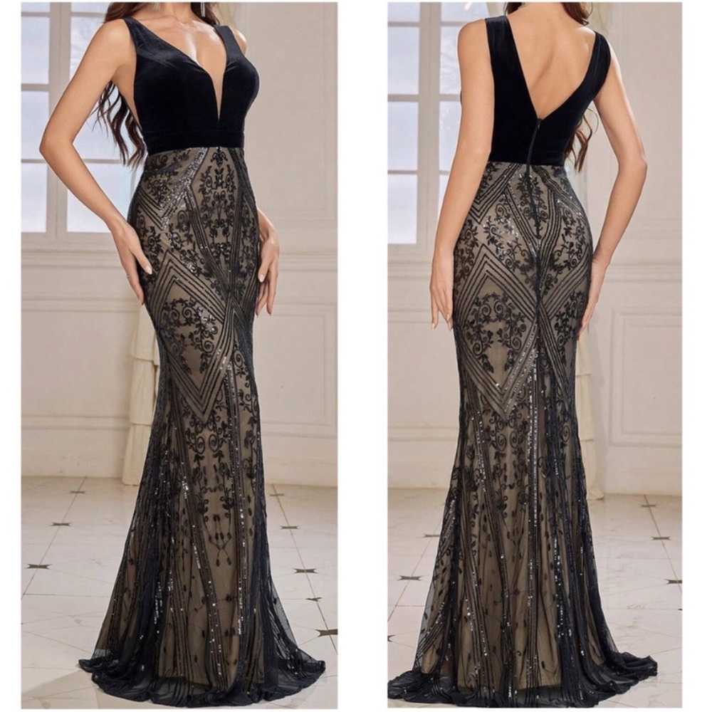 Luxe Sequin Velvet Mermaid Hem Formal Evening Party Wedding Dress XS S M L